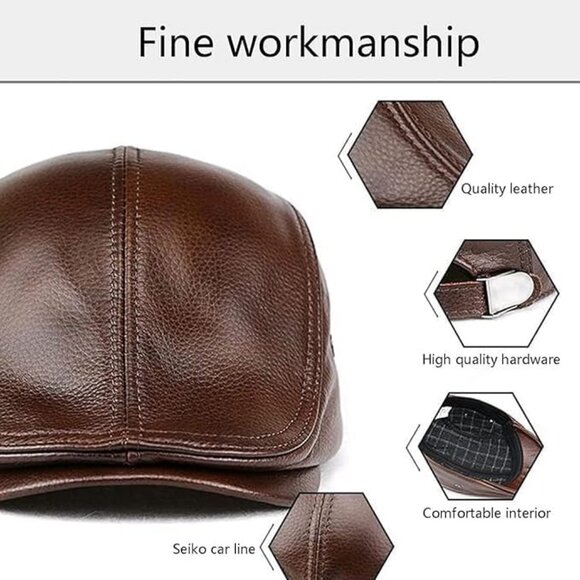 Men Brown Leather Newsboy Cap Adjustable Ivy Flat Hat - Picture 3 of 7